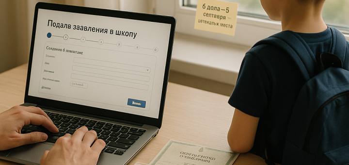 Close-up photorealistic shot: a parent’s hands hold a smartphone with a generic Russian e‑government