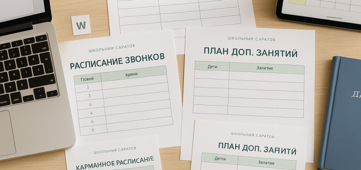 Top-down photorealistic shot of a light wooden desk with two crisp printed Russian school